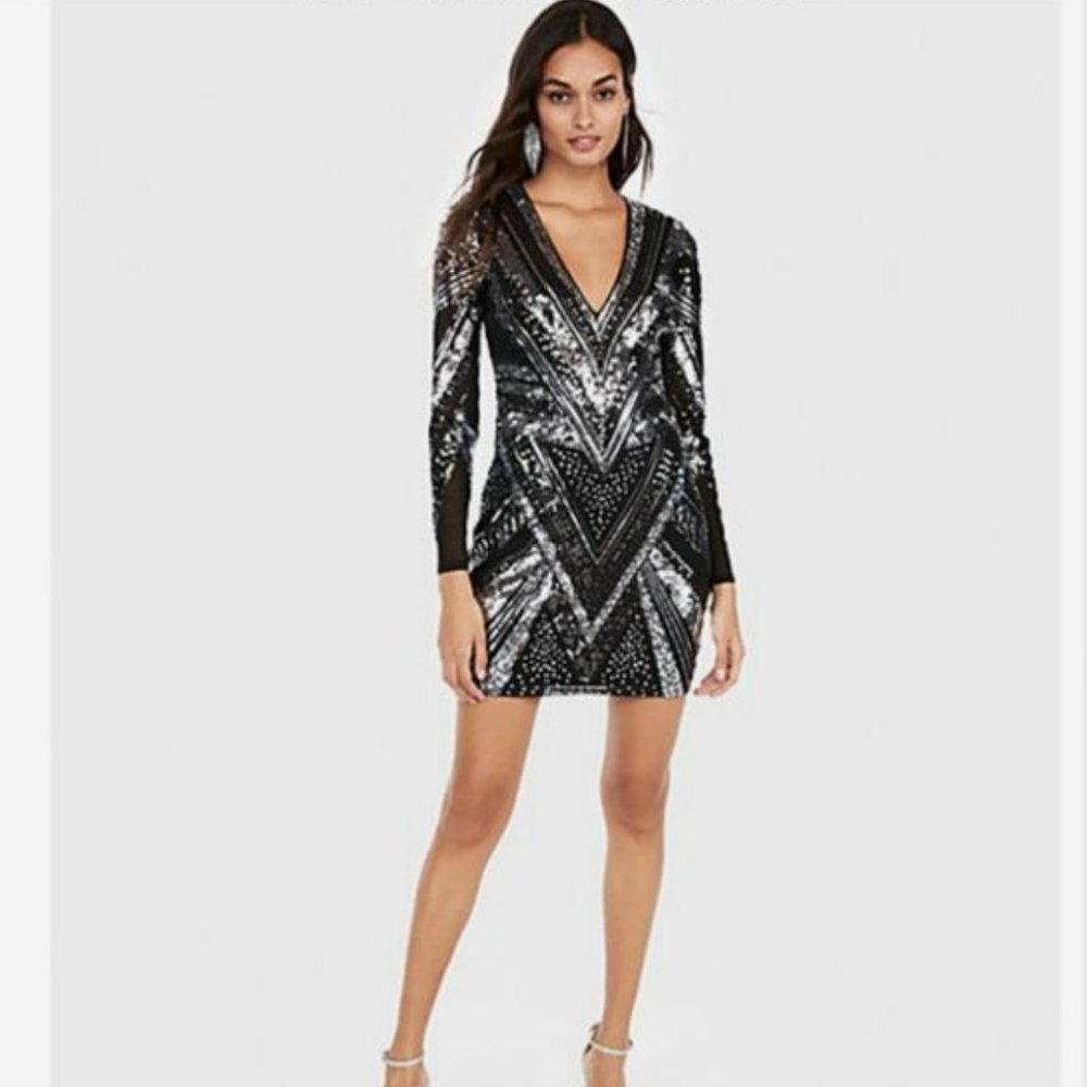 Express Sheer, Black & Silver Pattern Dress - image 1